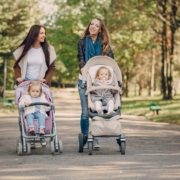 young mother walking with her baby and carries it in a beautiful pram